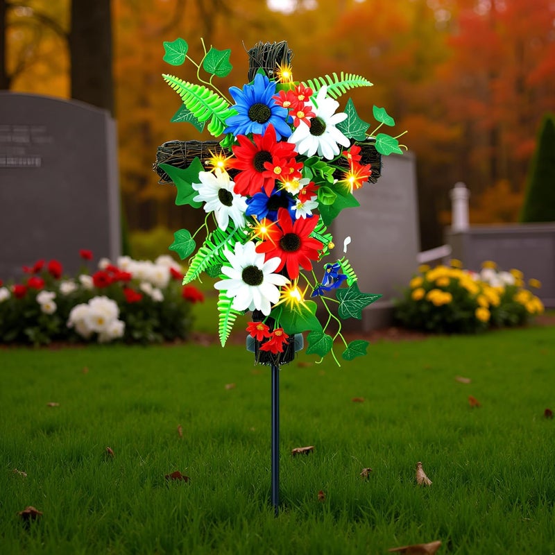 YULETIME Red White & Blue Garden Cross Stake, Solar Powered with Fairy Lights, Metal Cross, Natural Rattan, Red White & Blue Daisies Patriotic Theme Decoration - Image 3